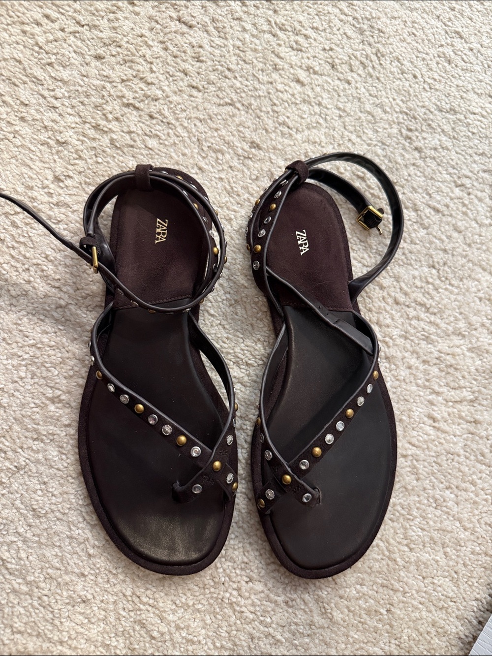 Zara Brown Studded Ankle-Strap Sandals - Picture 2 of 6